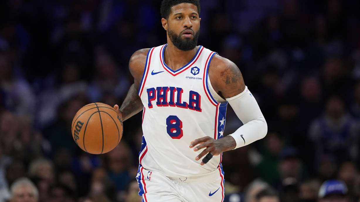 FILE - Philadelphia 76ers' Paul George plays during an NBA basketball game against the Brooklyn Nets, Feb. 22, 2025, in Philadelphia.