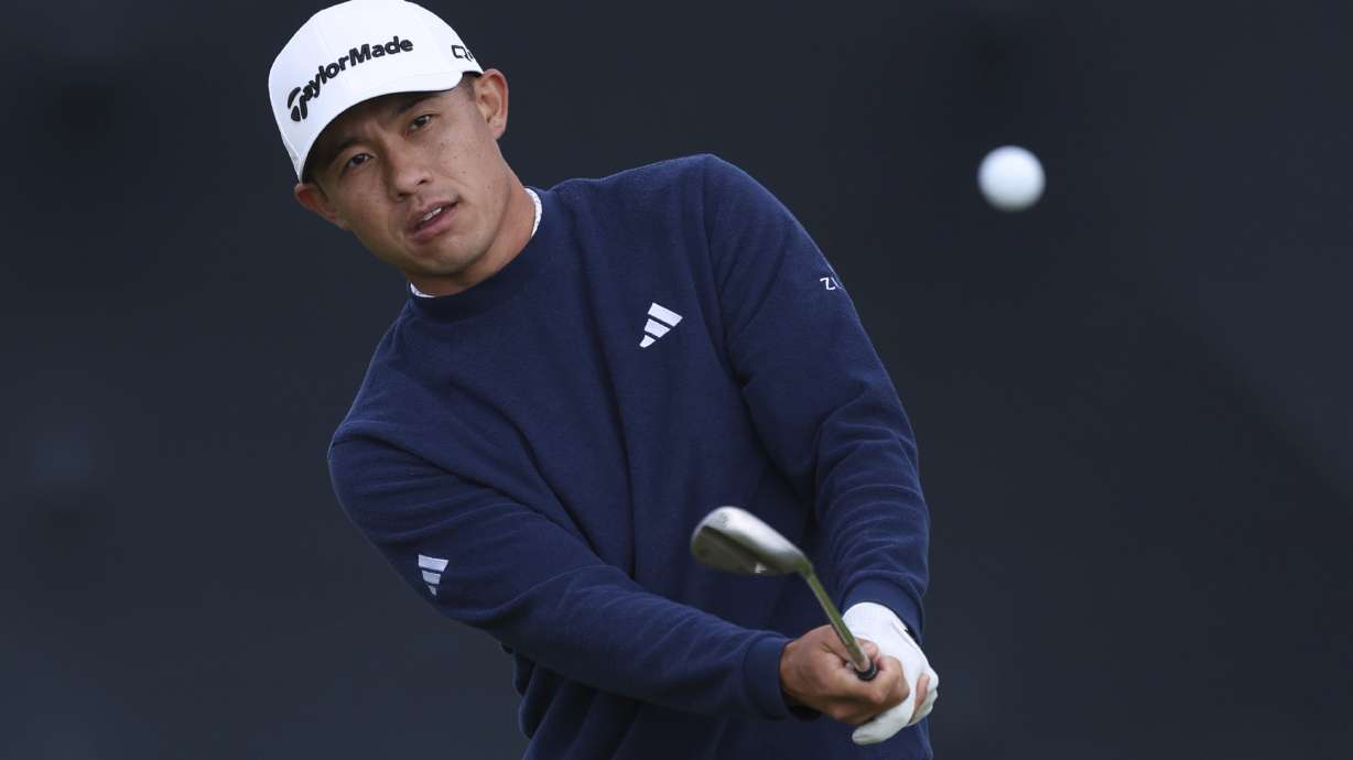 Collin Morikawa of the United States plays a shot on the 15th hole during a practice round for the 2025 British Open golf championship at the Royal Portrush Golf Club, Northern Ireland, Monday, July 14, 2025.