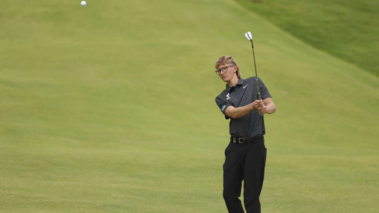 Richard Teder of Estonia plays a shot rom the 1st fairway during a practice round for the British Open golf championship at the Royal Portrush Golf Club, Northern Ireland, Tuesday, July 15, 2025.