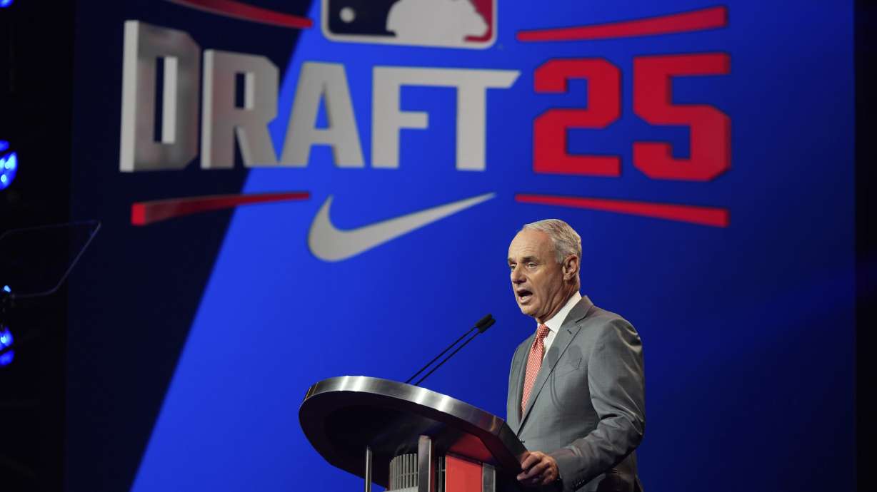 MLB Commissioner Rob Manfred speaks during the first round of the MLB baseball draft Sunday, July, 13, 2025 in Atlanta.
