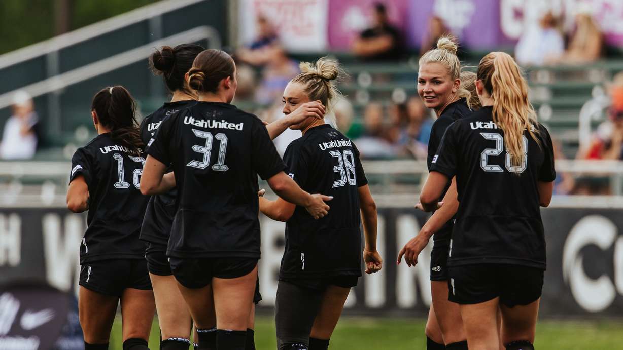Utah United celebrates a goal by Ellie Walbruch during a USL W League match at UVU's Clyde Field in Orem, Utah. United will host the USL W Final on Saturday at BYU's South Field.