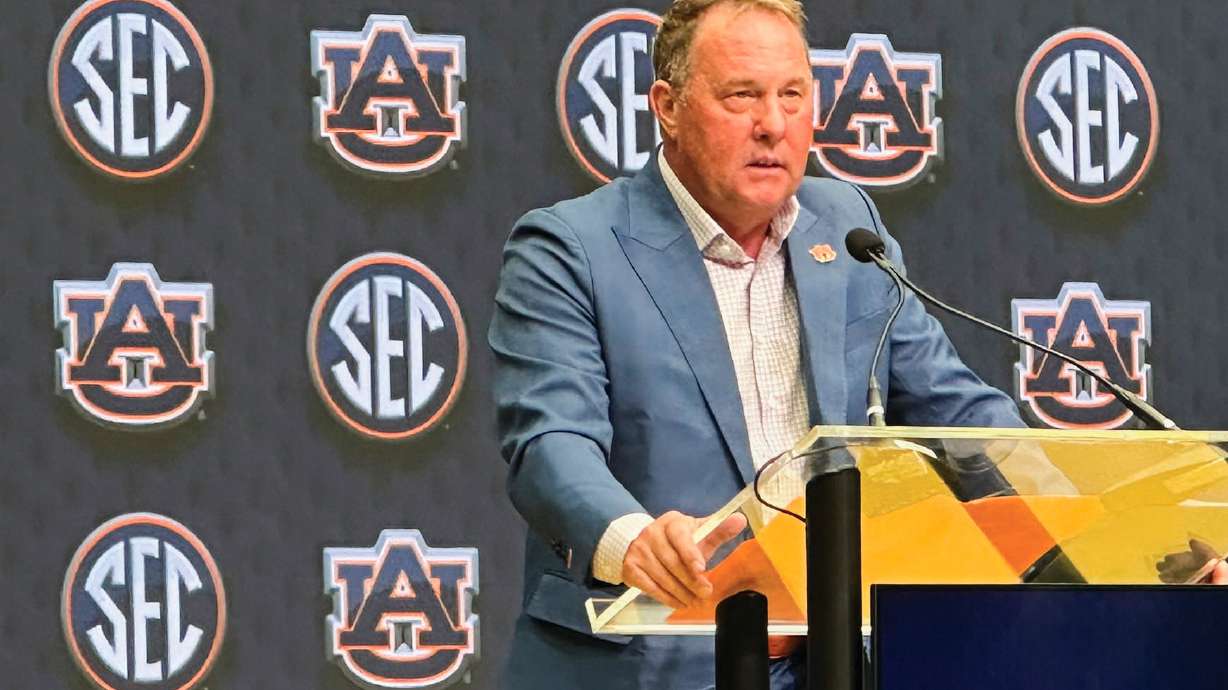 Auburn Head Coach Hugh Freeze speaks during the Southeastern Conference NCAA college football media days, Tuesday, July 15, 2025, in Atlanta, GA.
