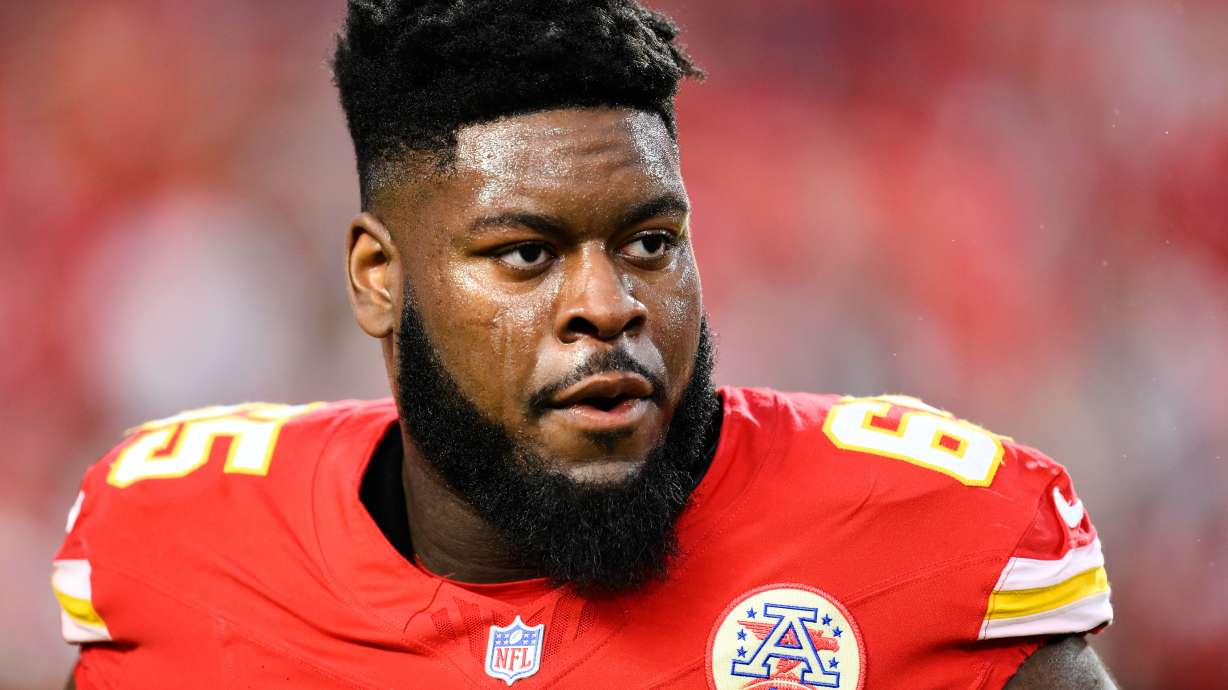 FILE - Kansas City Chiefs guard Trey Smith comes off the field after warmups before an NFL football game against the New Orleans Saints, Monday, Oct. 7, 2024 in Kansas City, Mo.