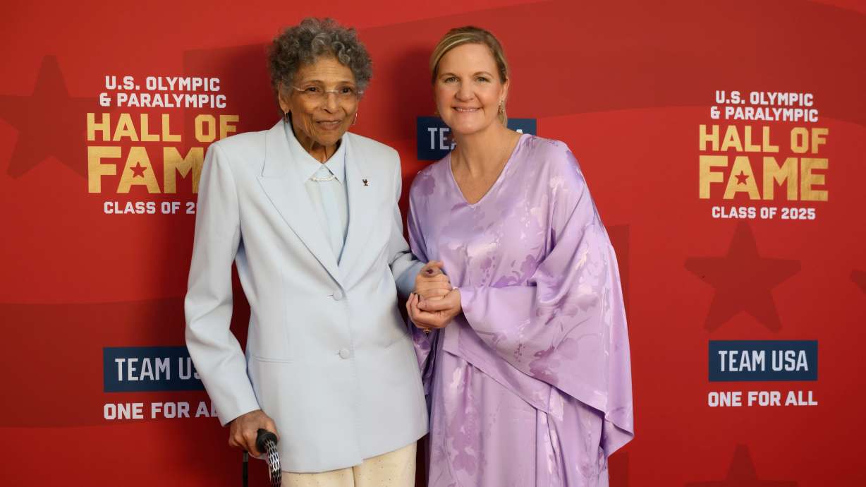 Former Olympic rower Anita DeFrantz and IOC President Kirsty Coventry at The Broadmoor Hotel in Colorado Springs, Colo., Saturday. The trip was Coventry's first as IOC president, and she also met with Salt Lake City Mayor Erin Mendenhall.