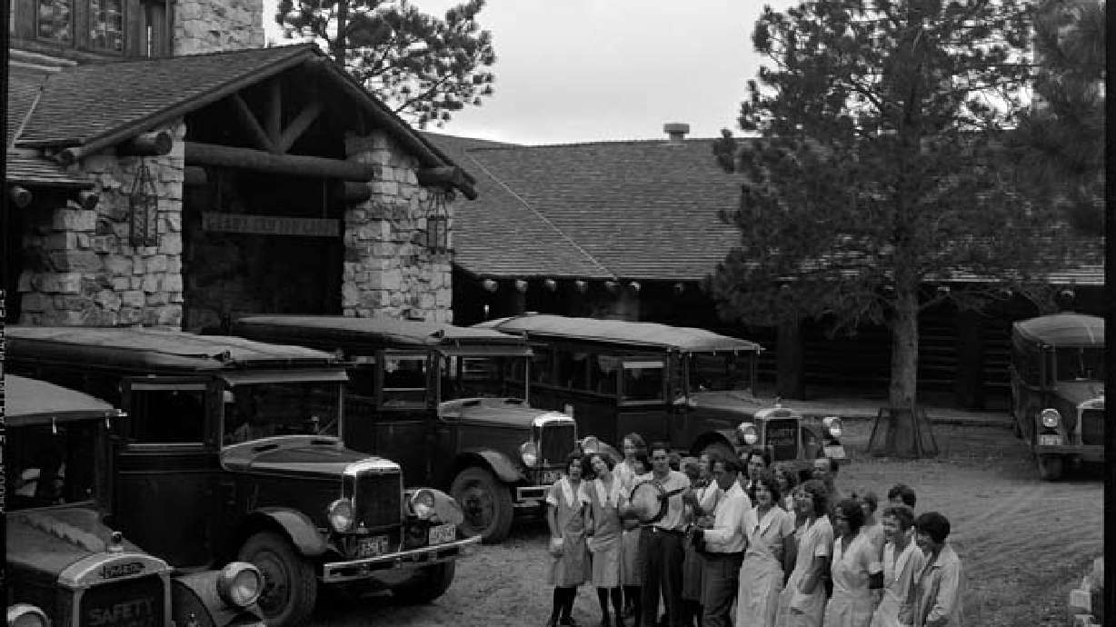 Employees sing as tour buses depart the Grand Canyon Lodge within the North Rim of the Grand Canyon on July 20, 1930. The lodge first opened in 1928 and was then destroyed by fire in 1932 and rebuilt. It burned down again over the weekend.