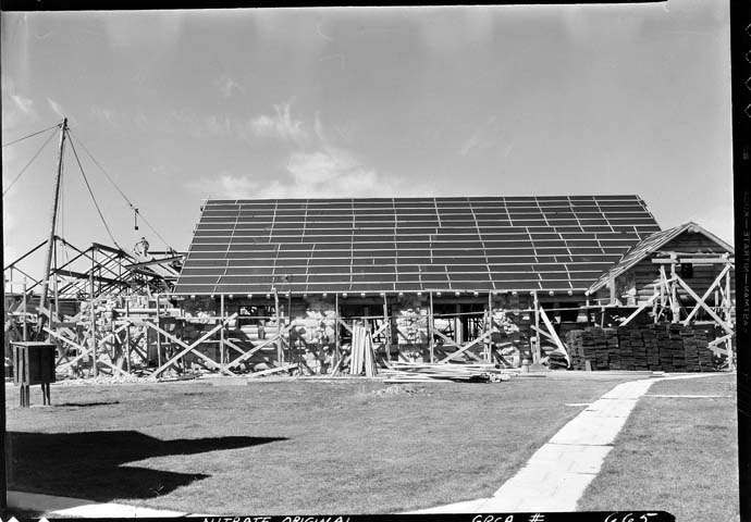 Reconstruction of the Grand Canyon Lodge on the North Rim of the Grand Canyon by Ryberg Brothers of Salt Lake City on Oct. 12, 1936. A section of roof tar is papered and ready for shingles, while fireproof steel framing is visible on the left.
