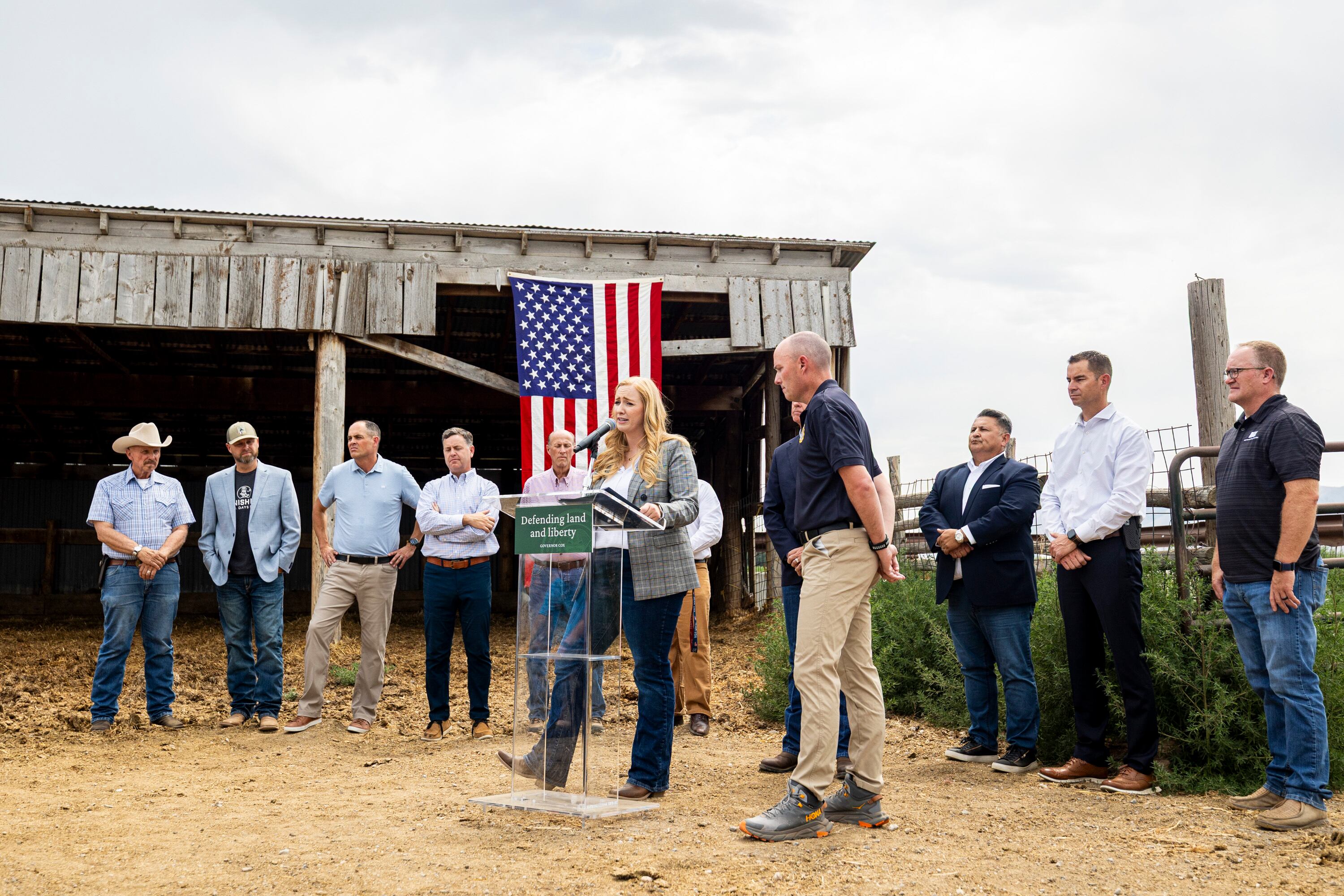 Utah Rep. Candice Pierucci, R-Herriman, speaks during a press conference at a farm in Palmyra on Tuesday about efforts to safeguard Utah’s land, liberty and strategic interests from foreign influence.