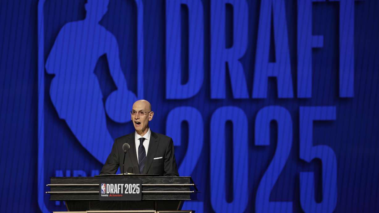 NBA commissioner Adam Silver announces the start of the first round of the NBA basketball draft, Wednesday, June 25, 2025, in New York.