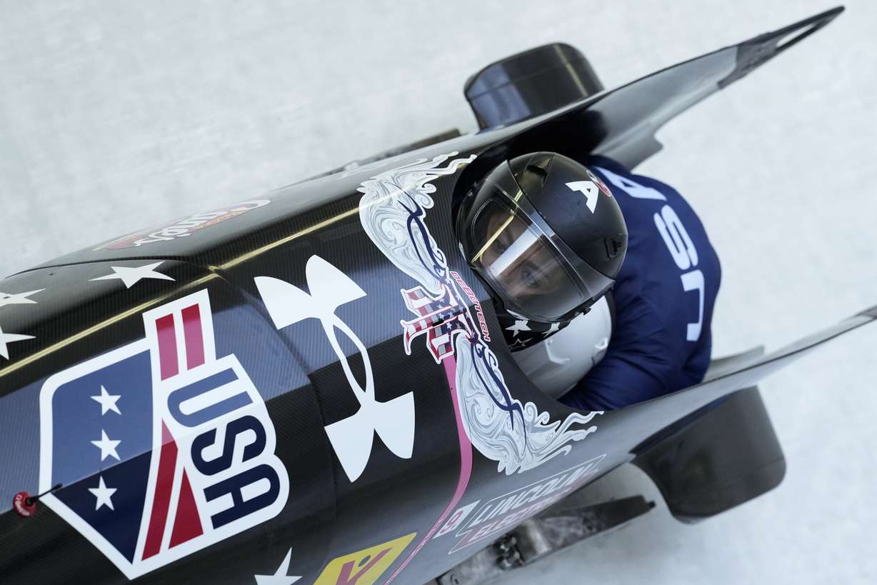 Kaysha Love and Emily Renna, of the United States, speed down the track during the first run of the 2-woman bobsleigh, at the Bobsleigh World Cup in Innsbruck, Austria, Sunday, Jan. 19, 2025.