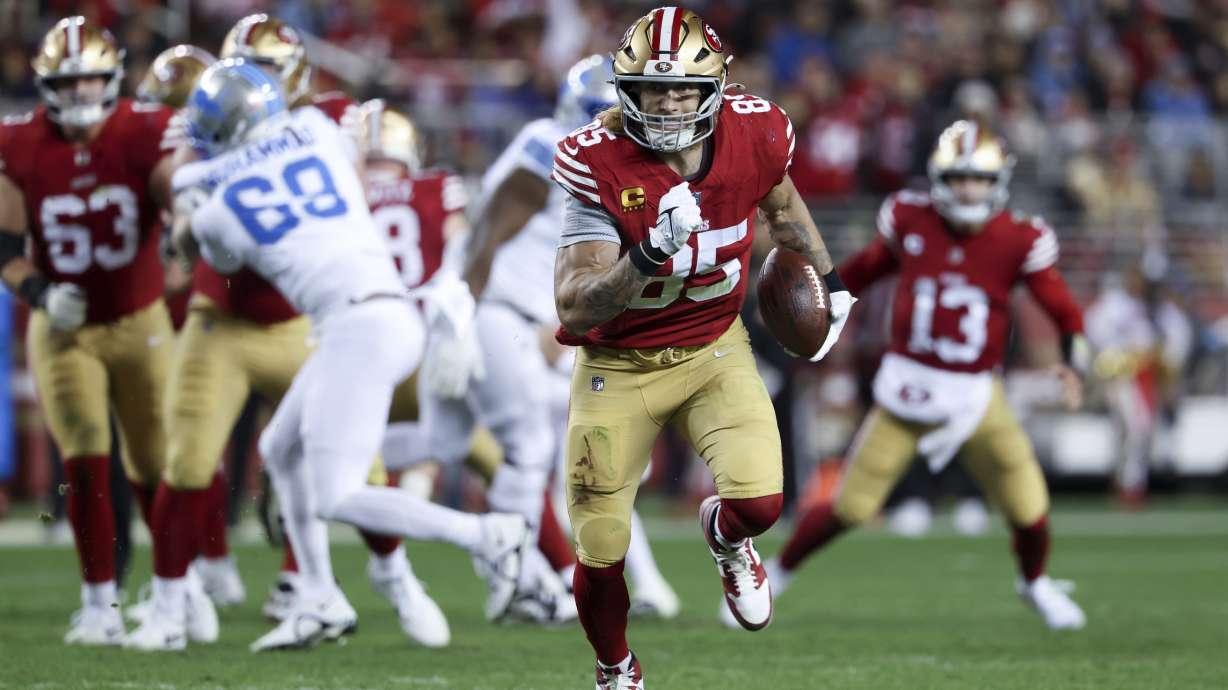 FILE - San Francisco 49ers tight end George Kittle (85) runs after a catch during the first half of an NFL football game against the Detroit Lions, Monday, Dec. 30, 2024, in Santa Clara, Calif.