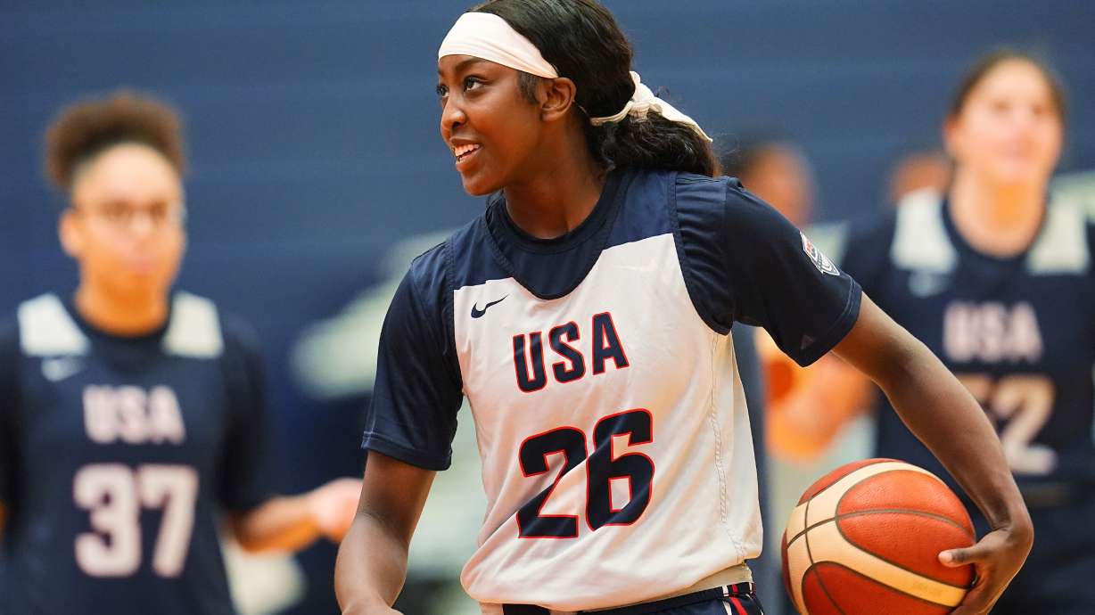 FILE - Guard Flau'jae Johnson warms up during practice at USA Basketball women's Americup trials, Wednesday, June 18, 2025, at the USA Olympics training center in Colorado Springs, Colo.