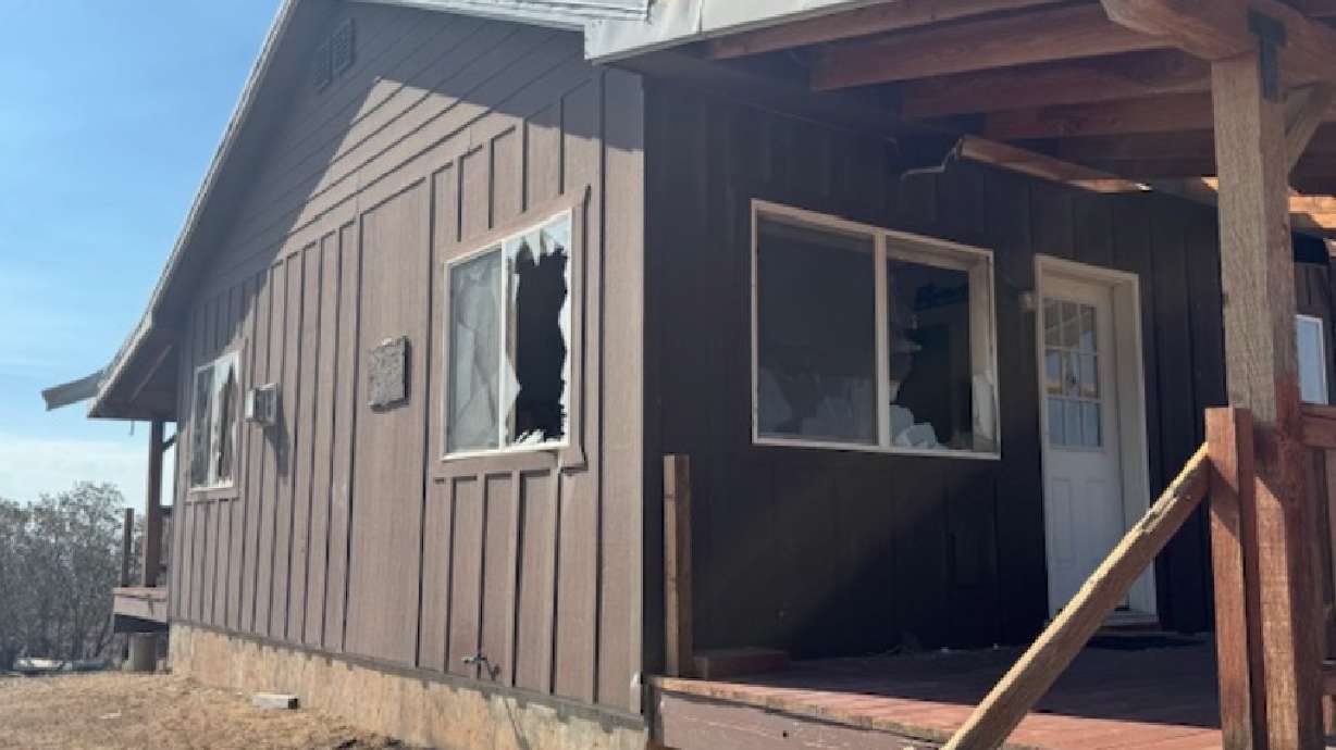 Broken windows at a structure close to where a fire-induced tornado touched down in the La Sal, San Juan County, area on Saturday. National Weather Service meteorologists say the tornado produced winds exceeding 122 mph.