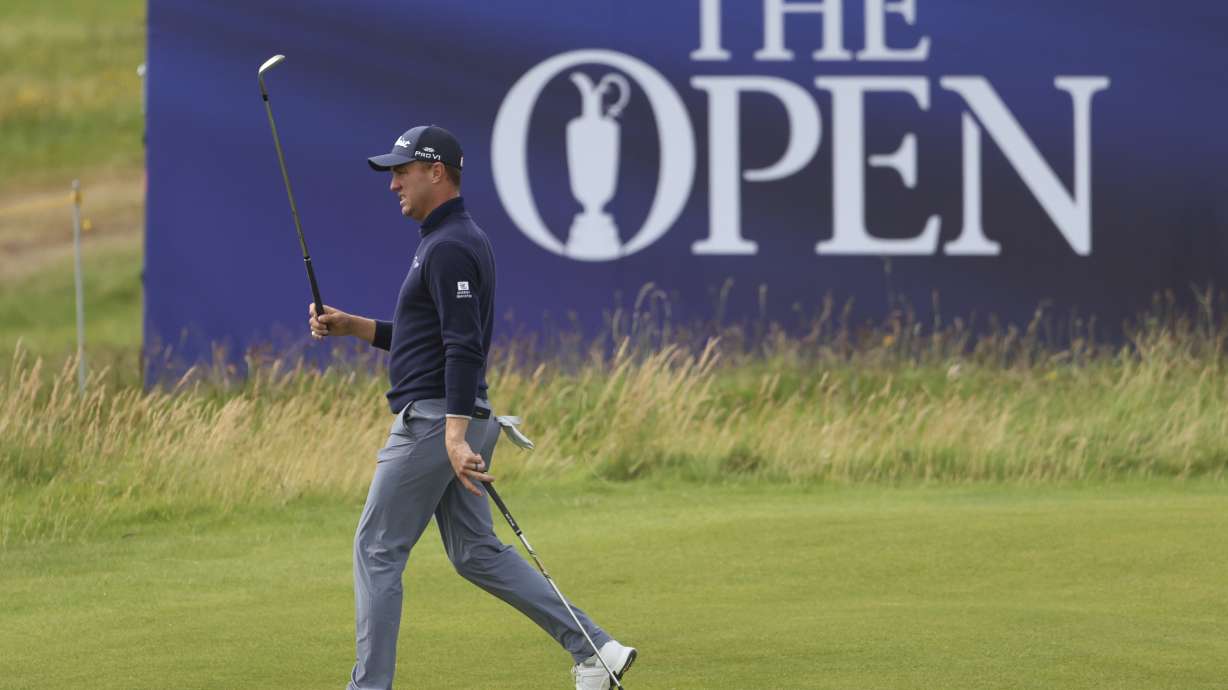 Justin Thomas of the United States walks off the 12th green during a practice round for the British Open golf championship at the Royal Portrush Golf Club, Northern Ireland, Tuesday, July 15, 2025.