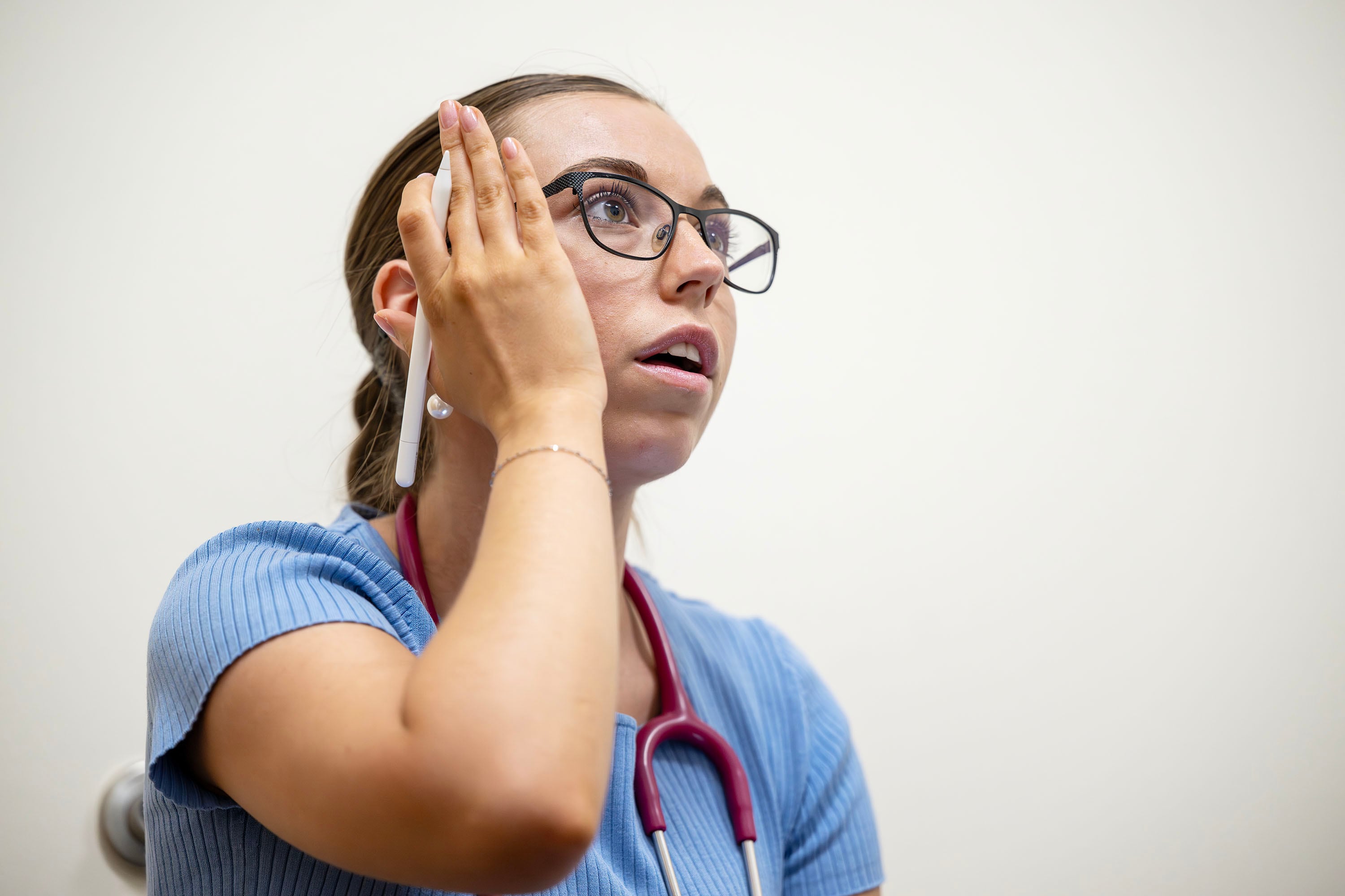 Giuliana Miller while talking with simulated patient Marney Dudley in a simulated exam room in Orem on Tuesday. A new free, full-service community health clinic on UVU's West Campus is expected to open this winter.
