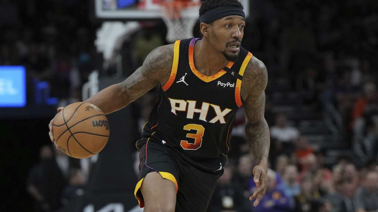 FILE - Phoenix Suns guard Bradley Beal (3) dribbles against the Oklahoma City Thunder during the first half of an NBA basketball game, Wednesday, April 9, 2025, in Phoenix.