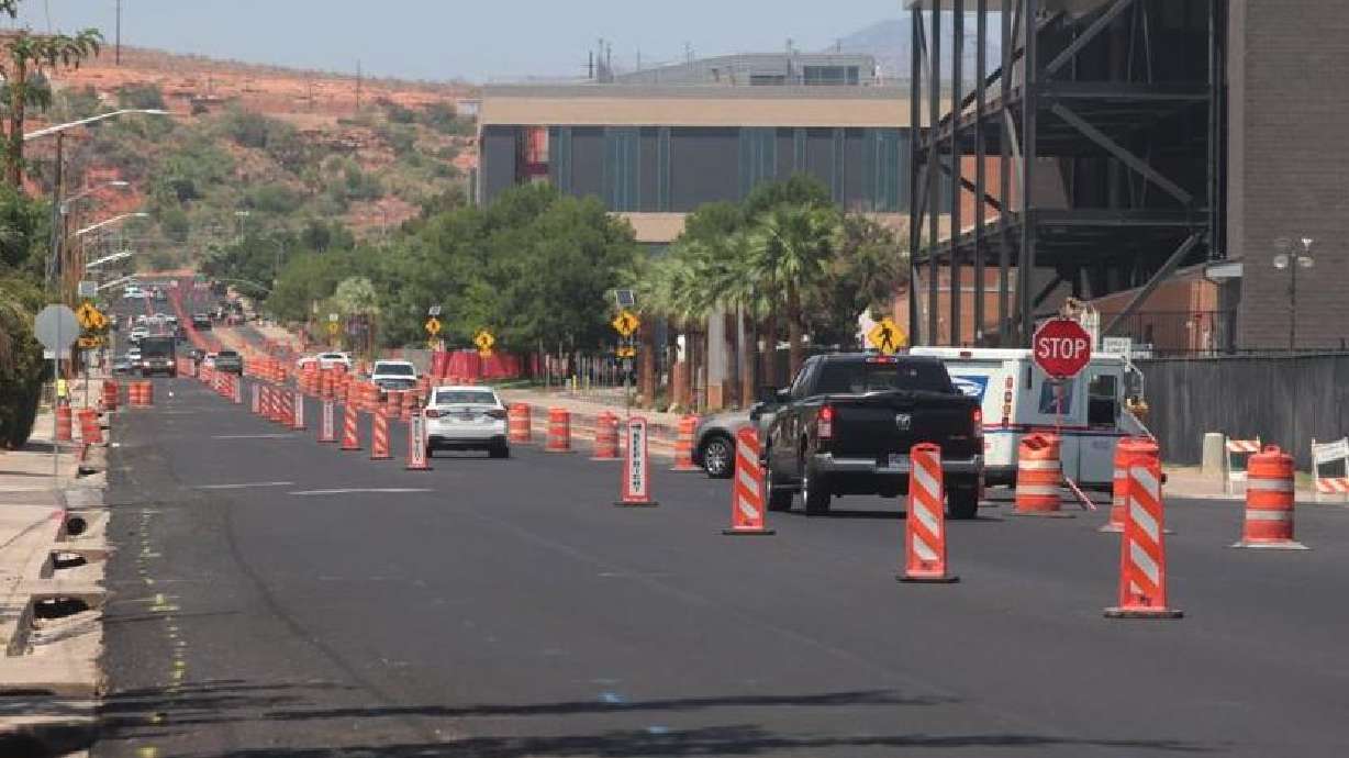 Cars navigate the roadwork on 700 East in St. George on Tuesday. Construction began in June and is expected to mostly wrap before school starts in August.