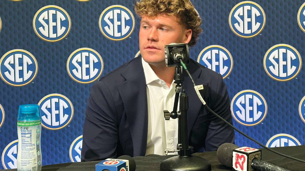 Mississippi State quarterback Blake Shapen speaks during the Southeastern Conference NCAA college football media days, Wednesday, July 16, 2025, in Atlanta.
