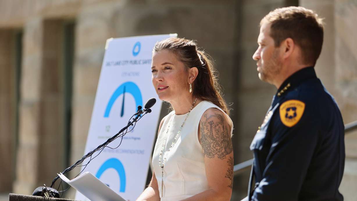 Salt Lake City Mayor Erin Mendenhall and Salt Lake City Police Chief Brian Redd discuss the city's public safety plan at the Salt Lake City-County Building on Wednesday.