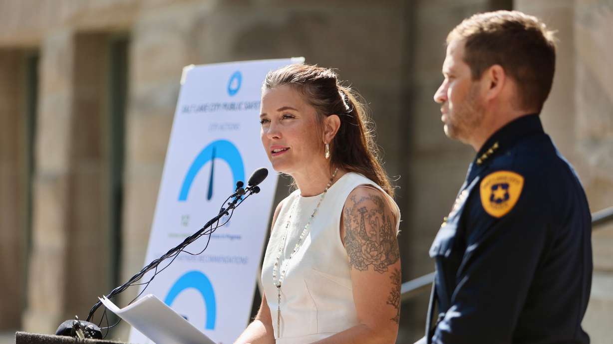 Salt Lake City Mayor Erin Mendenhall and Salt Lake City Police Chief Brian Redd discuss the city's public safety plan at the Salt Lake City-County Building on Wednesday.
