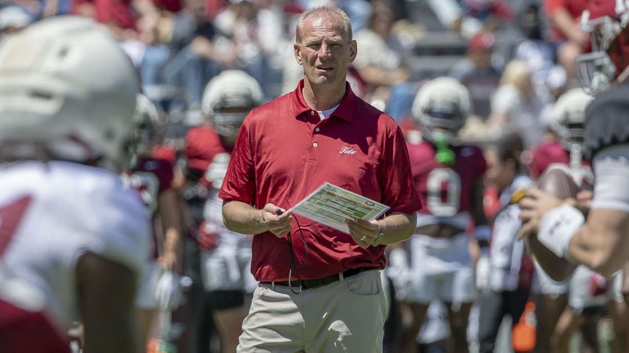 FILE - Alabama head coach Kalen DeBoer watches during Alabama's A-Day NCAA college football practice and autograph session, Saturday, April 12, 2025, in Tuscaloosa, Ala.