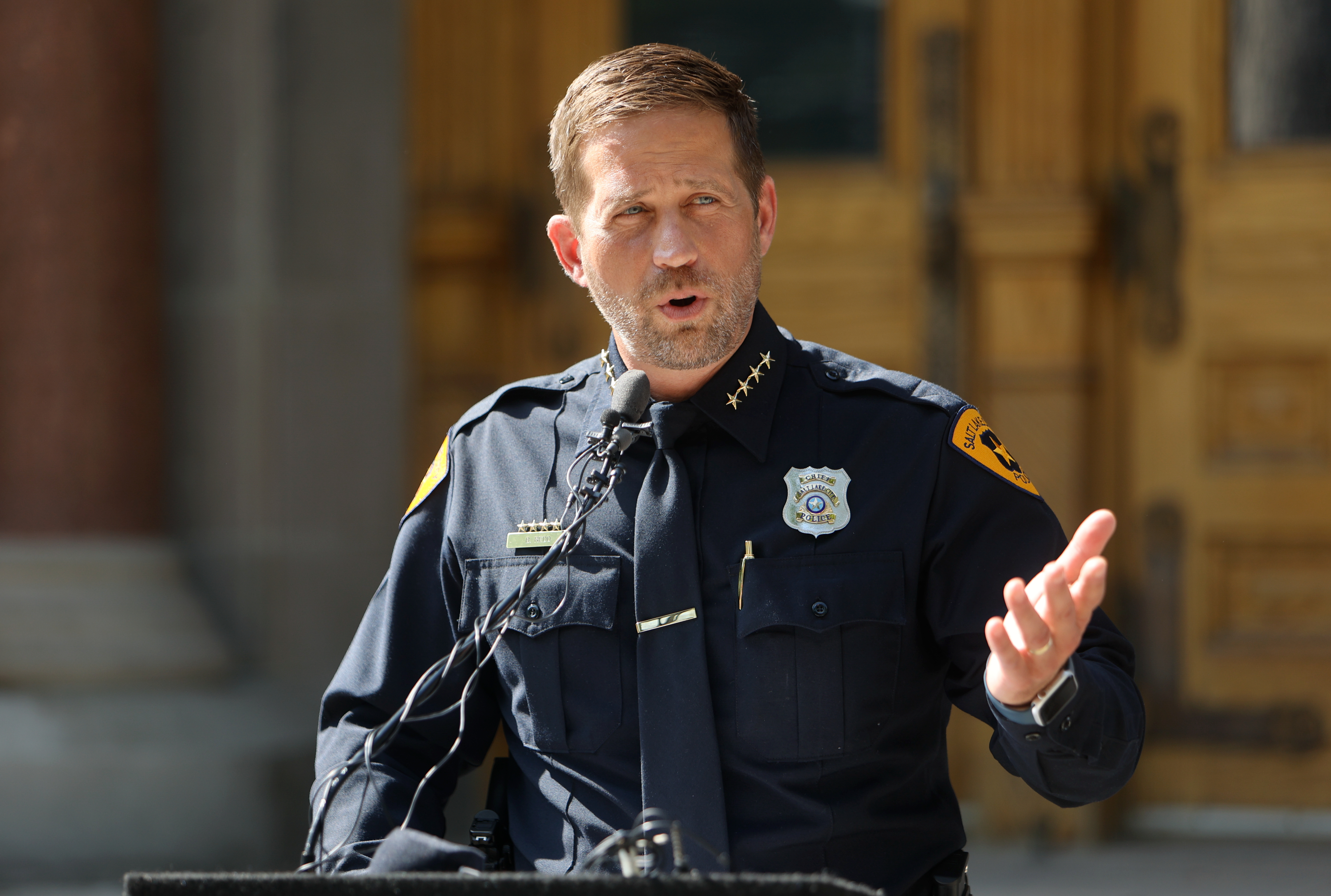 Salt Lake City Police Chief Brian Redd speaks at a press conference about Salt Lake City's public safety plan outside of the Salt Lake City-County Building in Salt Lake City on July 16.