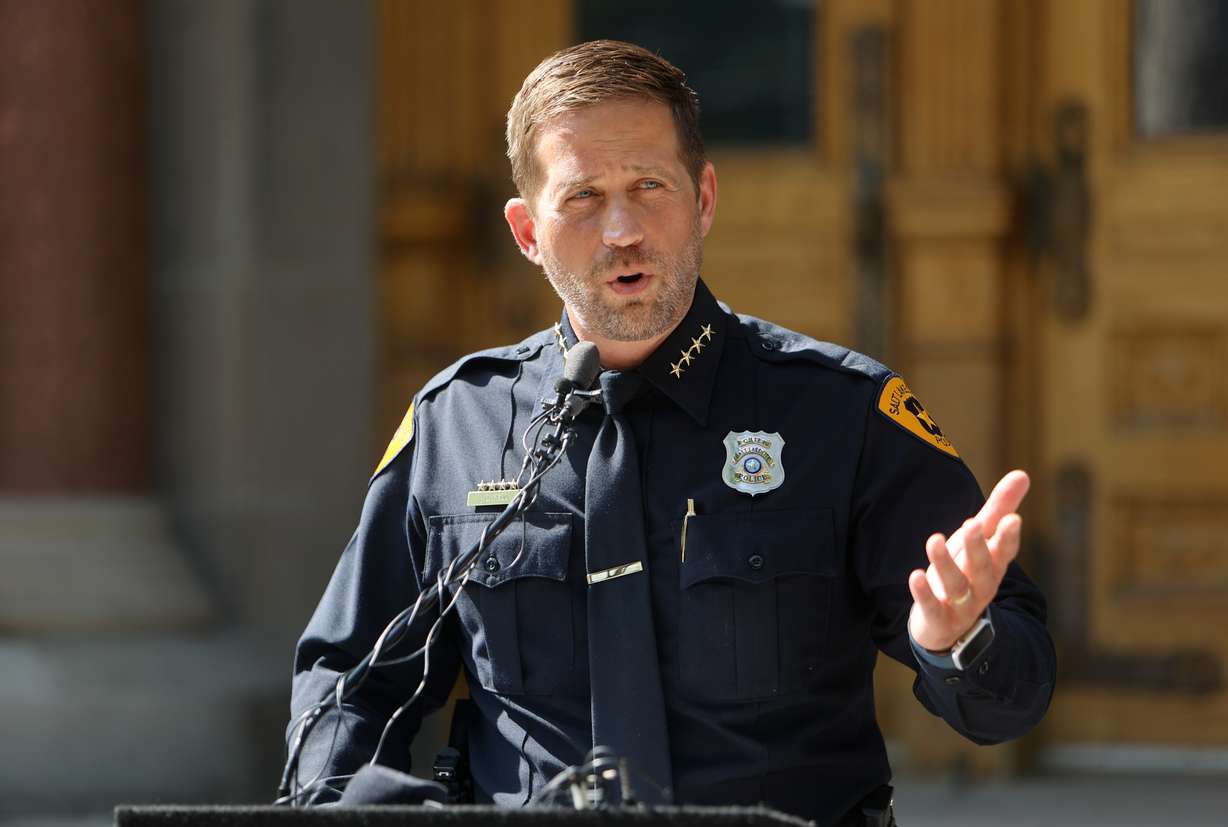 Salt Lake City Police Chief Brian Redd speaks at a press conference about Salt Lake City's public safety plan outside of the Salt Lake City-County Building in Salt Lake City on July 16.