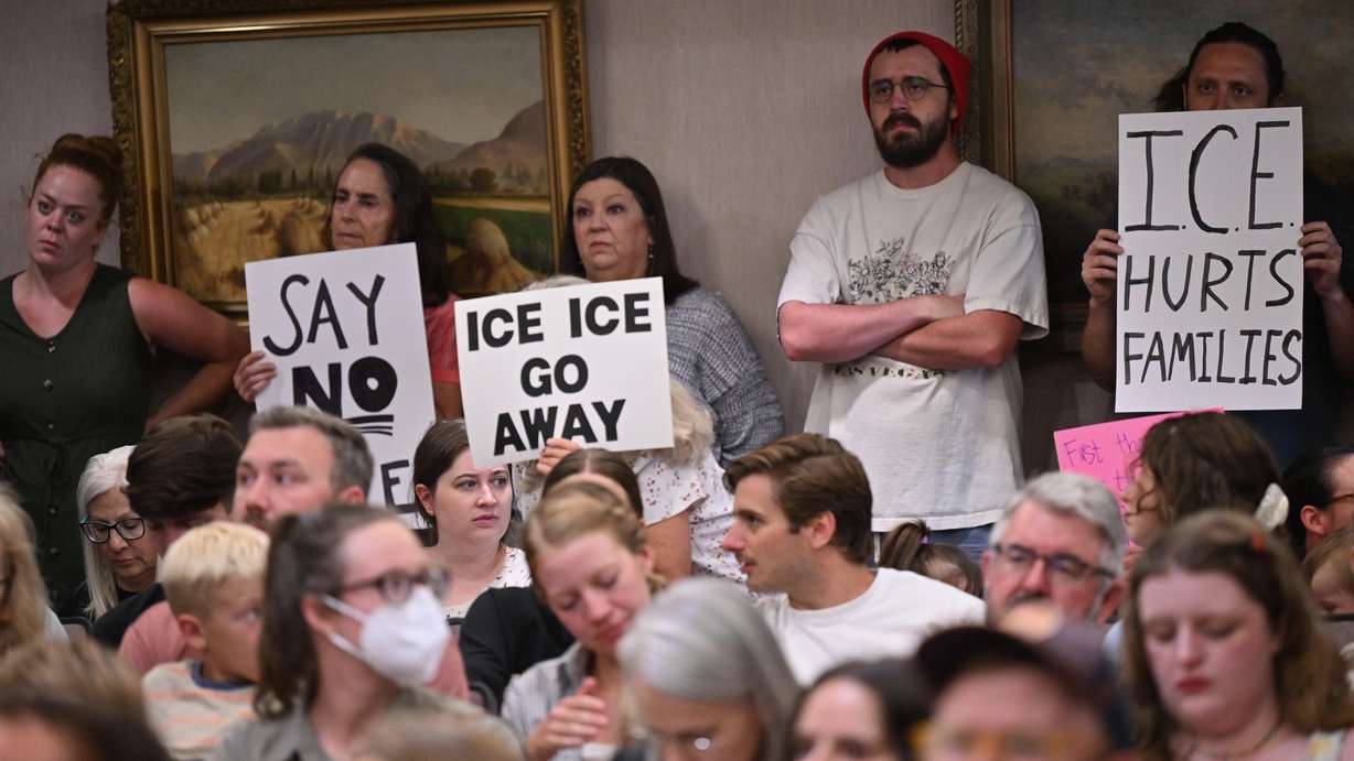 More than 100 speakers voiced opposition to a Utah County proposal to bolster cooperative efforts with federal immigration authorities at a meeting July 16, 2025, of the Utah County Commission in Provo.