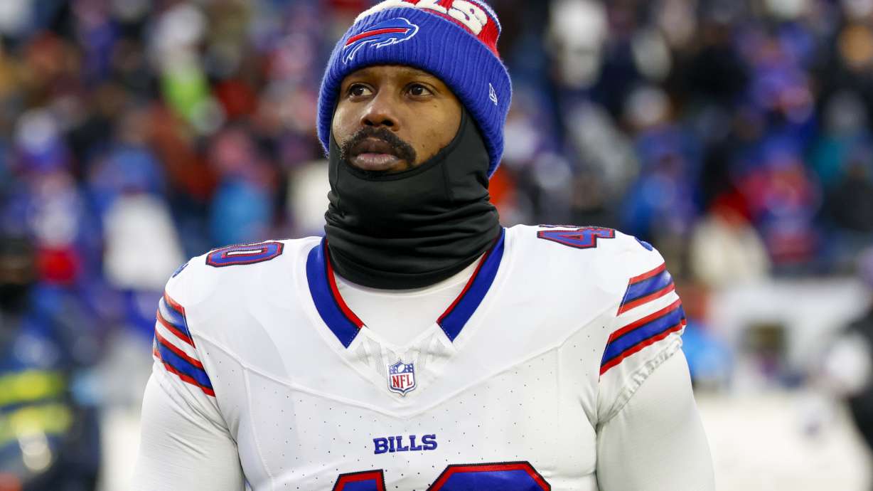 FILE - Buffalo Bills linebacker Von Miller (40) reacts after being defeated 23-16 by the New England Patriots in an NFL football game, Sunday, Jan. 5, 2025, in Foxborough, Mass.