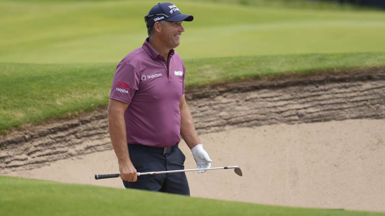 Pidgin Harrington of Ireland looks to play out of a bunker on the 13th green during a practice round for the British Open golf championship at the Royal Portrush Golf Club, Northern Ireland, Tuesday, July 15, 2025.