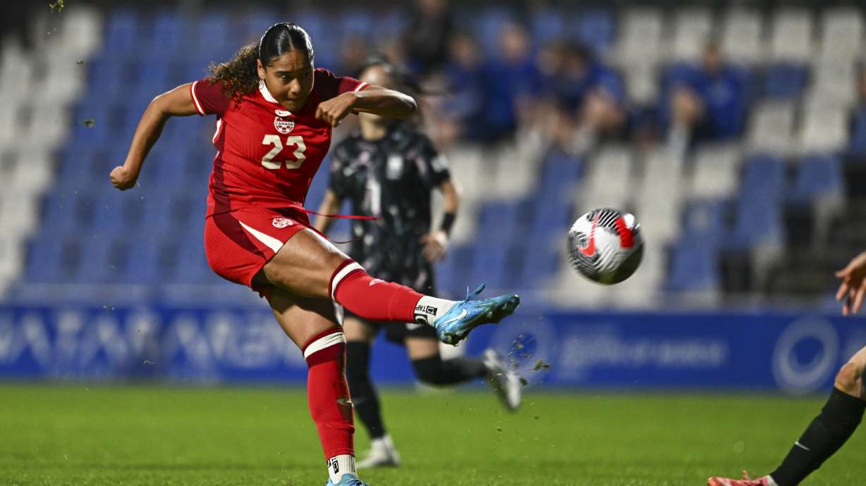 Canada's Olivia Smith tries a shot during the international women's friendly soccer match between Canada and South Korea at the Pinatar Arena Football Center in Murcia, Spain, on Dec. 3, 2024.