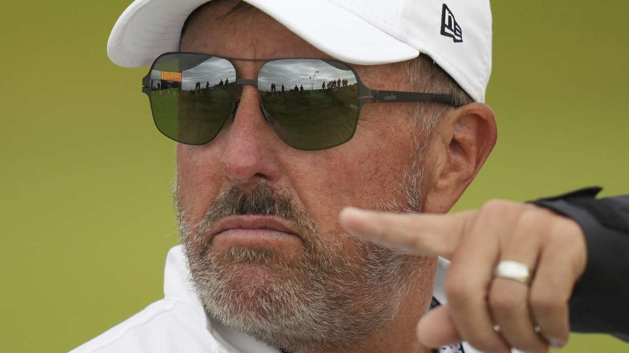 Phil Mickelson of the United States looks round on the 7th green during the first round of the British Open golf championship at the Royal Portrush Golf Club, Northern Ireland, Thursday, July 17, 2025.