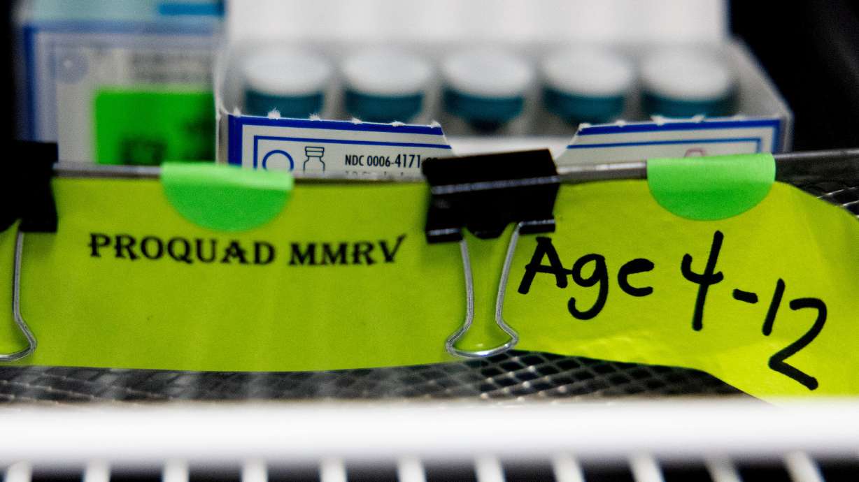 Vials of the measles, mumps and rubella vaccines in a freezer at the Salt Lake Public Health Center on July 9. Questions are being asked of what steps families — especially those opposed to vaccines — can take to reduce the risk of transmission.