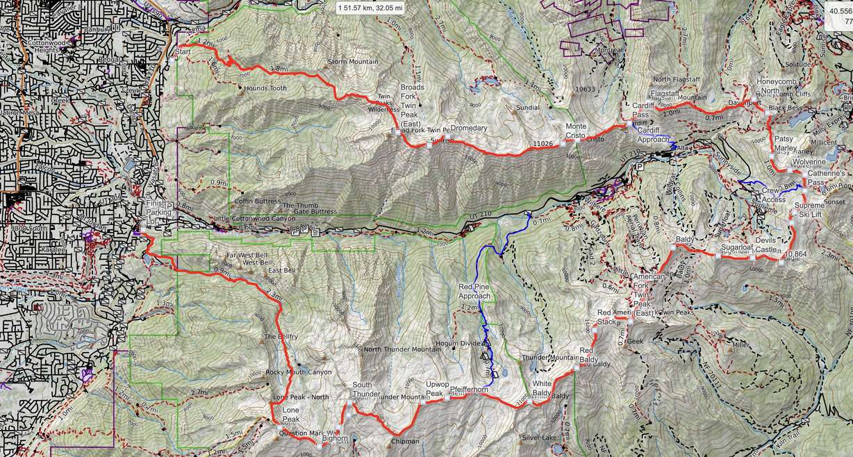 The Wasatch Ultimate Ridge Linkup starts at Ferguson Canyon in Cottonwood Heights, then follows along the mountain ridge to circumnavigate Little Cottonwood Canyon before ending at Lone Peak and descending down Bells Canyon.