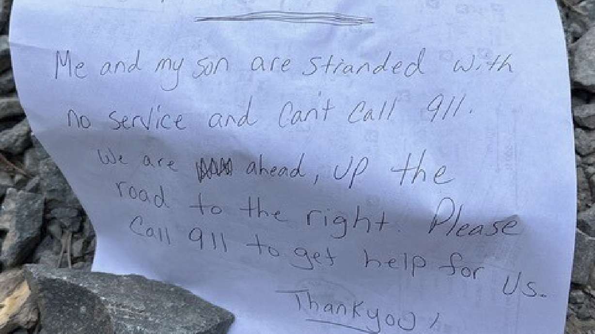A note that was left by a woman and her 9-year-old-son, who got lost in a California forest while driving to a Boy Scout camp, and were found by rescuers who then located the pair on Saturday.