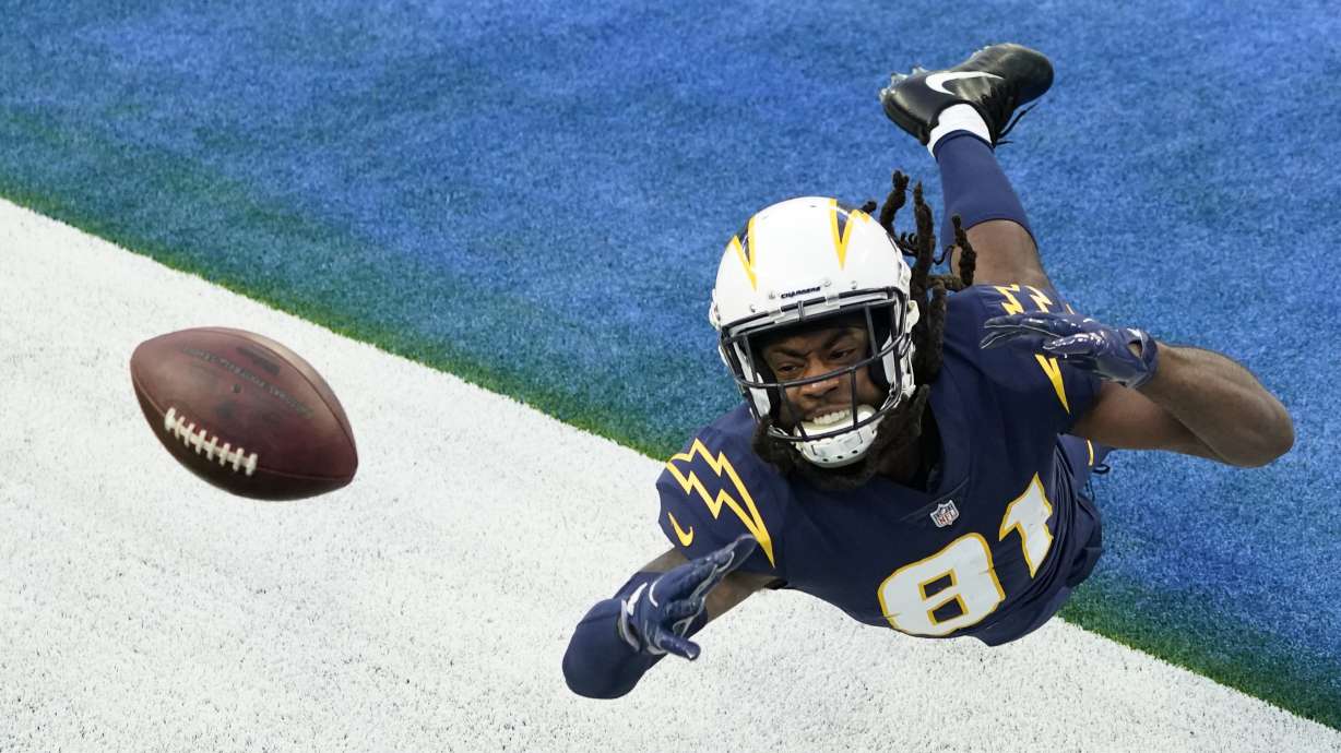 FILE - Los Angeles Chargers wide receiver Mike Williams cannot make a catch in the end zone during the second half of an NFL football game against the Las Vegas Raiders, Nov. 8, 2020, in Inglewood, Calif.