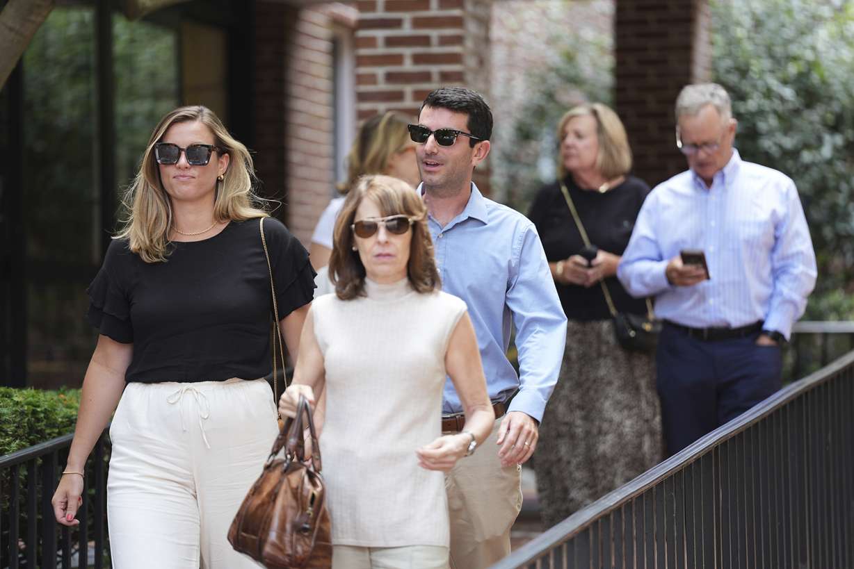 Shannon Keeler, left, departs from Adams County Court House in Gettysburg, Pa., Thursday. Ian Cleary, 32, pleaded guilty to second-degree sexual assault more than a decade after Shannon Keeler says he sneaked into her dorm and assaulted her.
