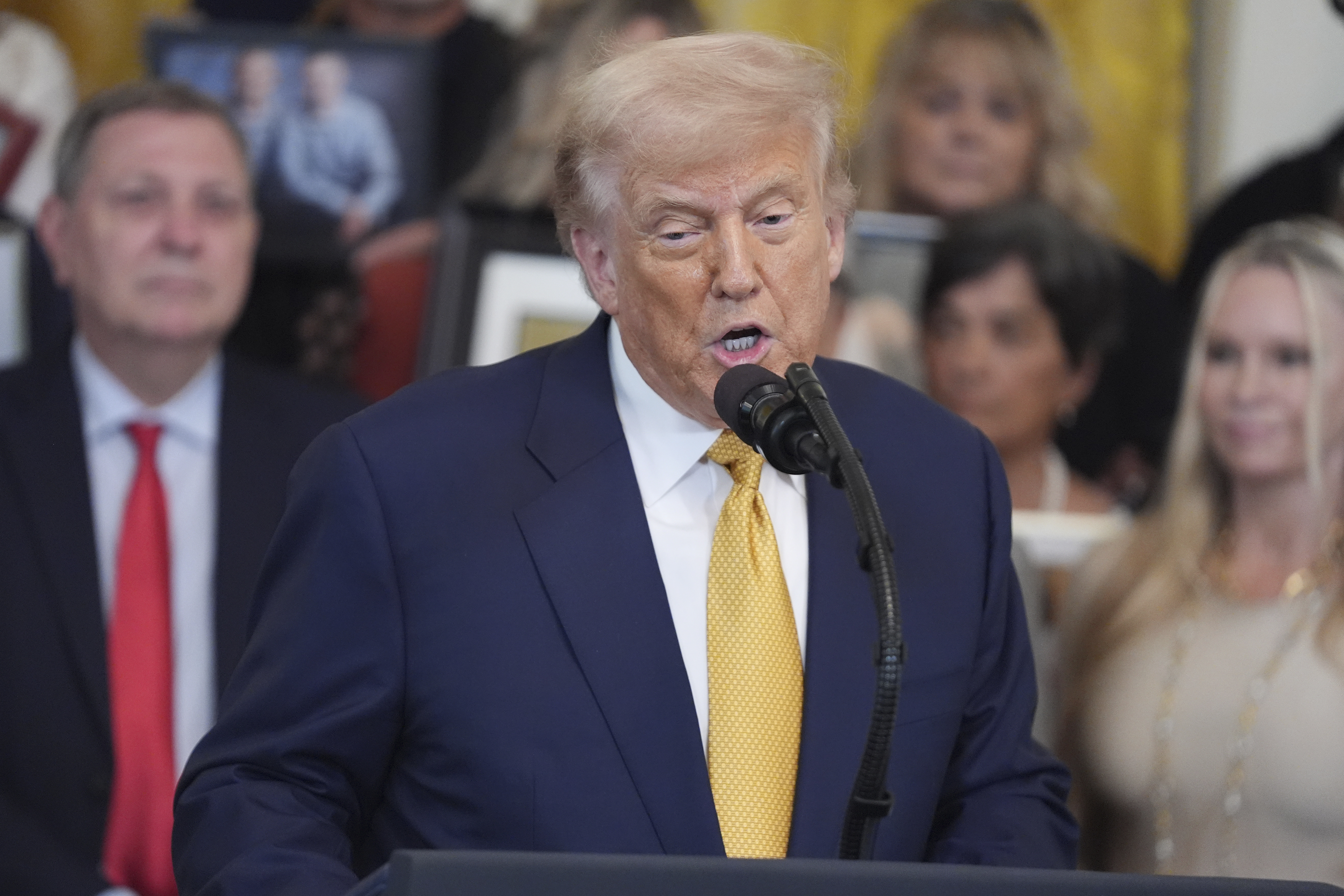 President Donald Trump speaks during a ceremony to sign the "Halt All Lethal Trafficking of Fentanyl Act," in the East Room of the White House, Wednesday, July 16, 2025, in Washington.