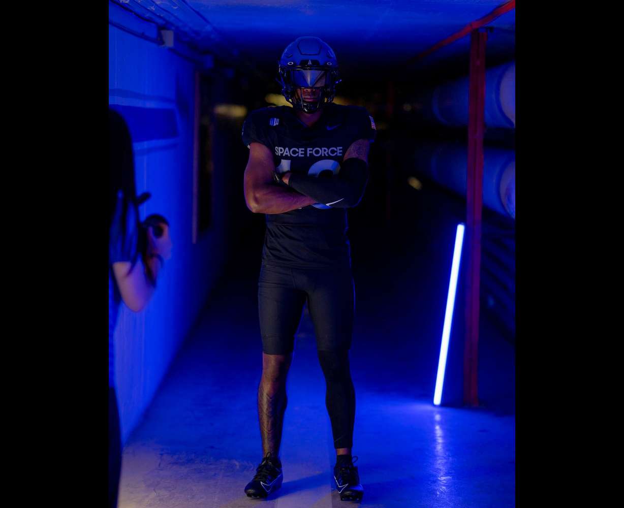 An Air Force football player models a U.S. Space Force alternate uniform. Each Air Force team will wear Space Force alternate uniforms at least once this upcoming school year.