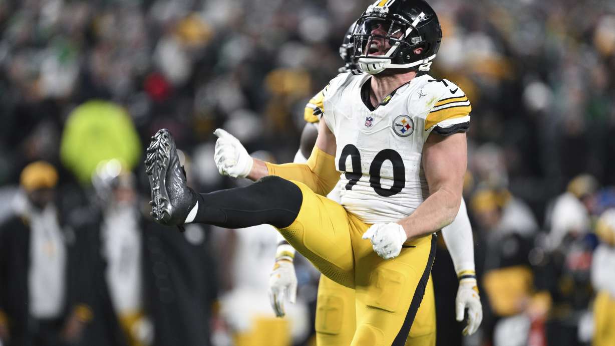 FILE - Pittsburgh Steelers linebacker T.J. Watt (90) celebrates his sack during the first half of an NFL football game against the Philadelphia Eagles, Sunday, Dec. 15, 2024, in Philadelphia.