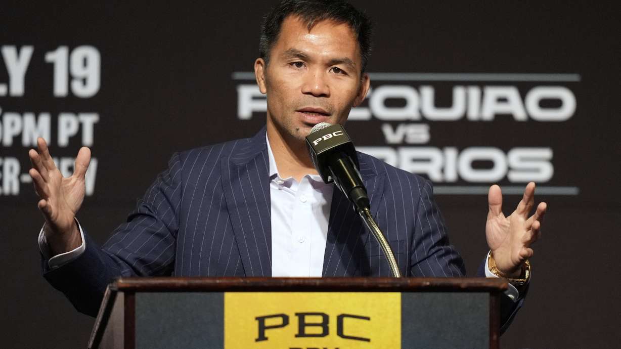Manny Pacquiao speaks during a news conference Wednesday, July 16, 2025, in Las Vegas.