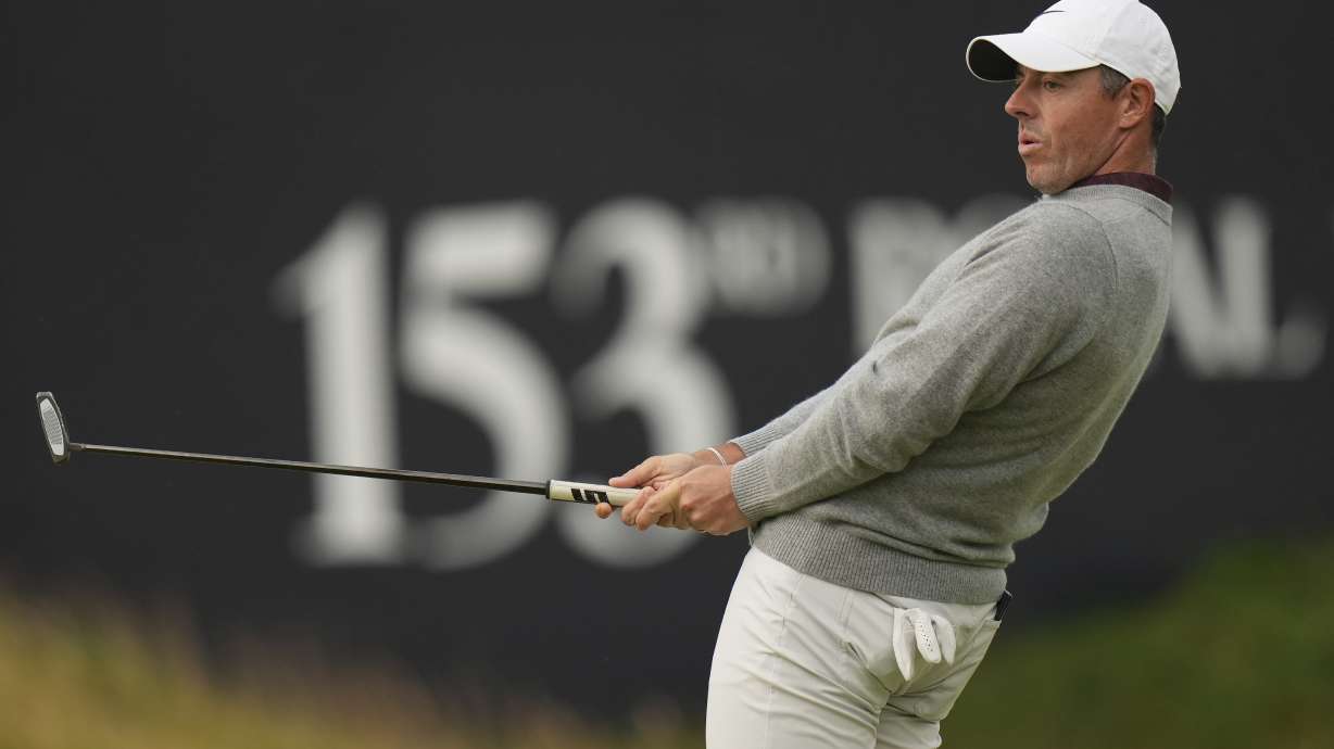 Rory McIlroy of Northern Ireland reacts after putting on the 18th green during the first round of the British Open golf championship at the Royal Portrush Golf Club, Northern Ireland, Thursday, July 17, 2025.