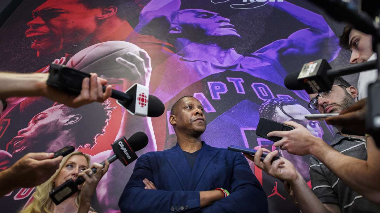 FILE - Toronto Raptors President Masai Ujiri speaks to the media at an NBA basketball press conference, July 8, 2024, in Toronto.