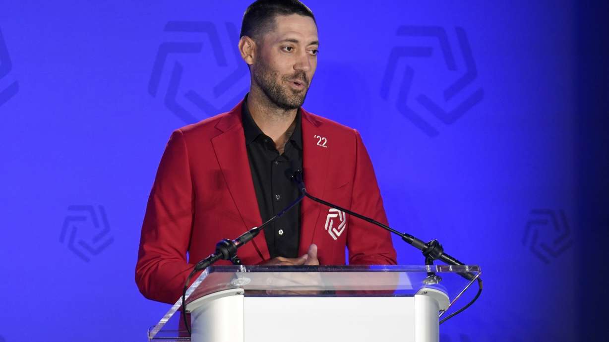 FILE - Clint Dempsey makes remarks during an induction ceremony for the United States National Soccer Hall of Fame, May 22, 2022, in Frisco, Texas.