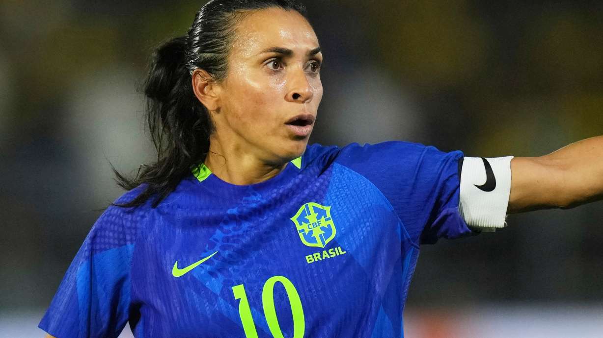 FILE - Brazil's Marta looks on during a women's friendly soccer match against Japan at Cicero de Souza Marques stadium in Braganca Paulista, Sao Paulo state, Brazil, Monday, June 2, 2025.