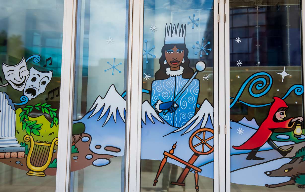 "Storytelling: The Breath of Life," a window art mural, is pictured outside of Eccles Theater in Salt Lake City on Friday.