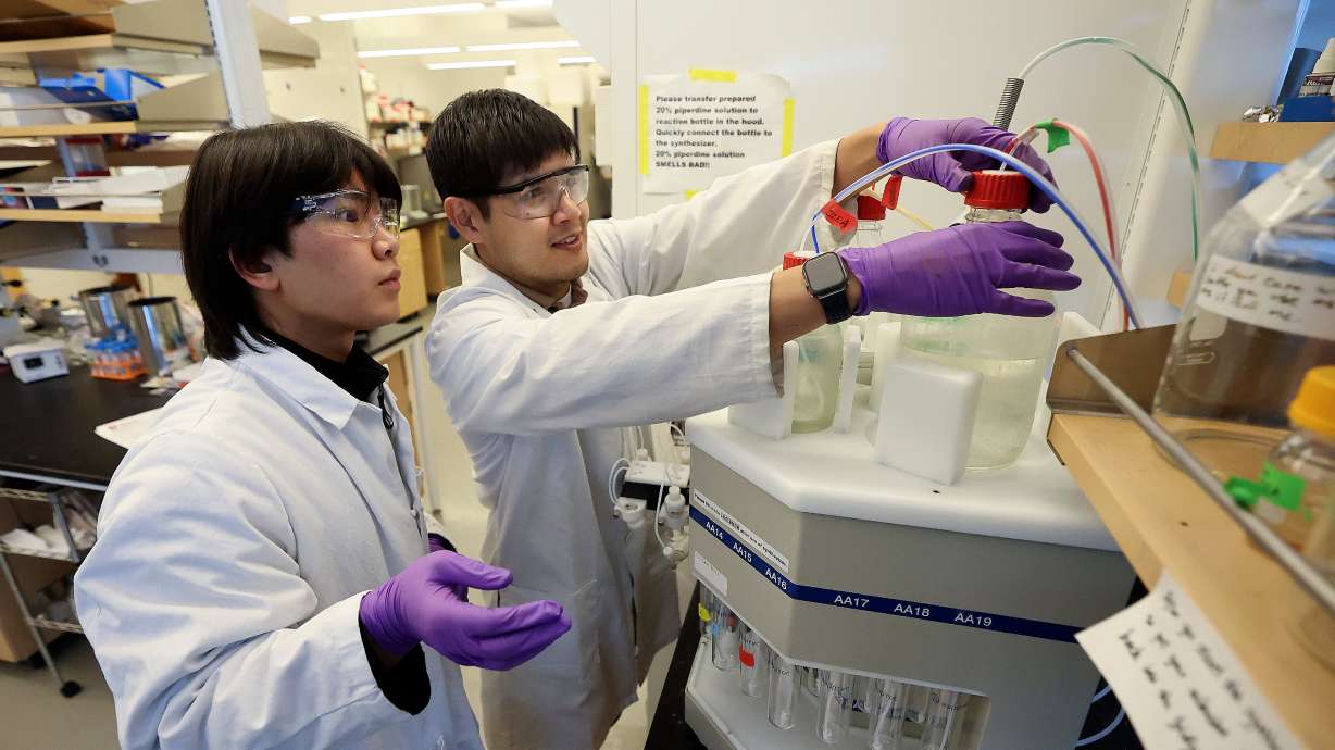 Junewoo Woo learns how to makes peptides for drug delivery and disease detection from Sake Ratnatilaka Na Bhuket at the University of Utah on Feb. 11. Projects like these at the school could be impacted by proposed medical research funding cuts.