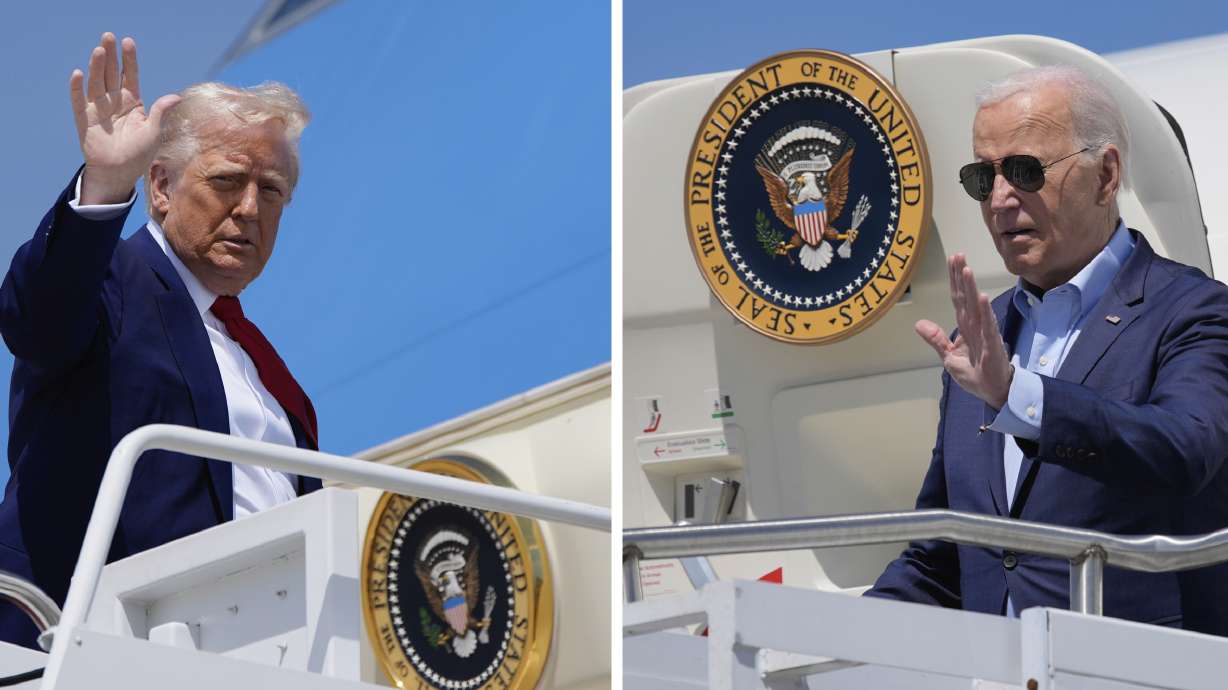 This combination of photos boarding Air Force One shows President Donald Trump, left, April 29, 2025, at Joint Base Andrews, Md., and President Joe Biden, April 16, 2024, at Wilkes-Barre Scranton International Airport in Scranton, Pa..