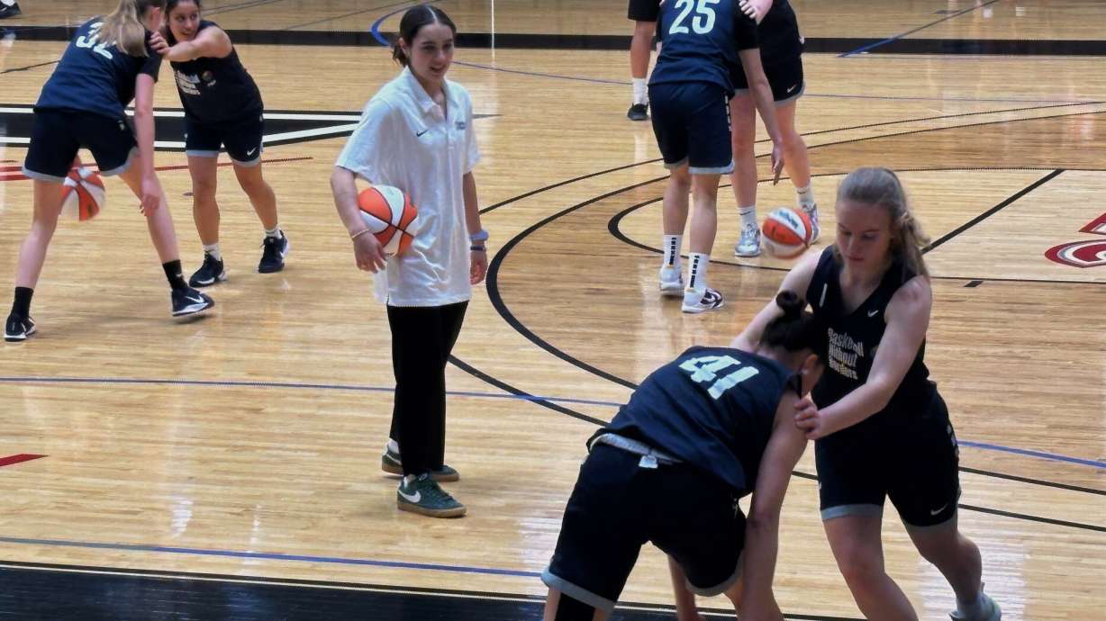 Washington Mystics players Georgia Amoore instructs international campers at the annual Basketball without Borders camp at All-Star weekend on Saturday, July 19, 2025 in Indianapolis.