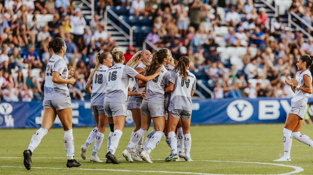 Utah United celebrates a goal during a 4-0 win over NC Courage U23 in the USL W Final, Saturday, Sept. 19, 2025, at South Field in Provo. With the win, United won the league championship in its first season.
