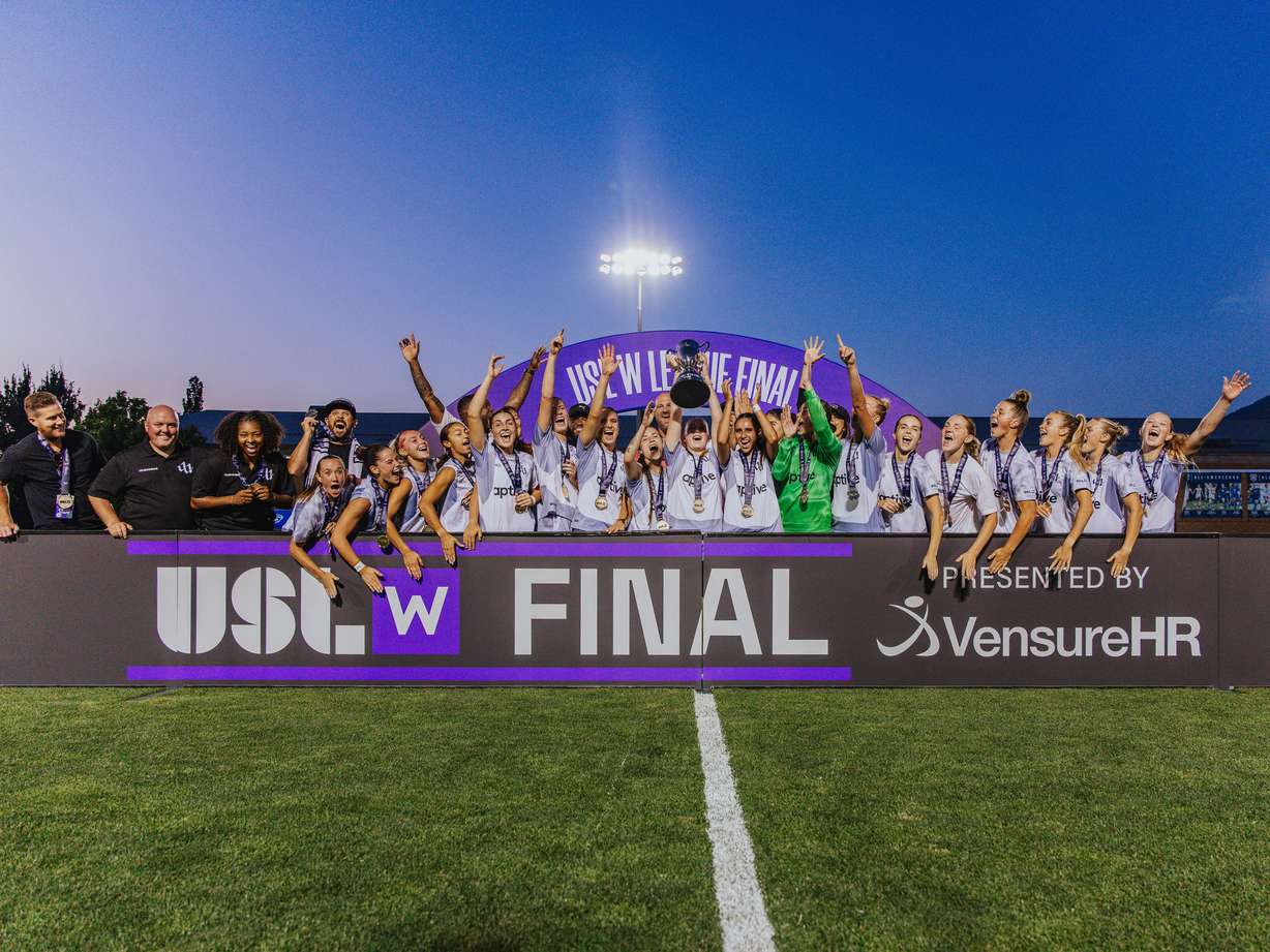 Utah United celebrates after a 4-0 win over NC Courage U23 in the USL W Final, Saturday, July 19, 2025 at South Field in Provo, Utah.